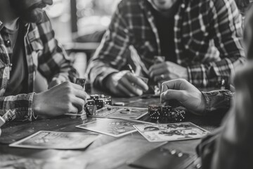 team of players at a table immersed in a fantasy role-playing game with vibrant accessories. Selective focus.