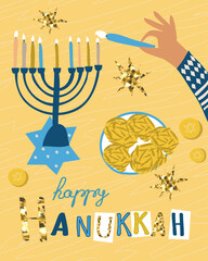 Happy Hanukkah. Vector illustration with  festive inscription. Traditional Jewish festival of light. Background for banner ,poster, web design, greeting card.