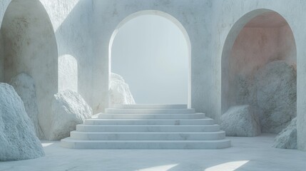 Minimalist stone interior with arched openings and soft light on staircase