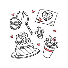 Valentine's Day Doodle Det, Wedding Rings and Heart-Shaped Cake
