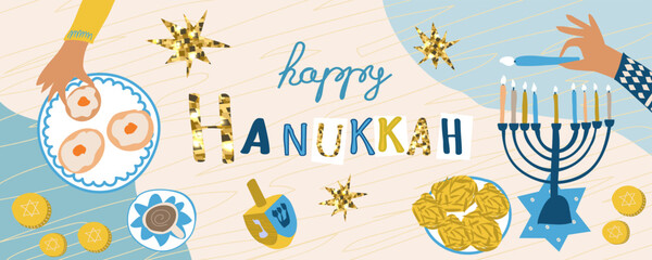Happy Hanukkah. Vector illustration with  festive inscription. Traditional Jewish festival of light. Background for banner ,poster, web design, greeting card.
