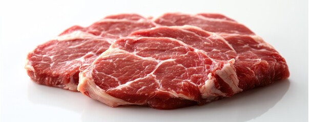 Fototapeta premium fresh and marbled slices of raw meat placed neatly on a spotless surface, highlighting quality and culinary presentation appeal