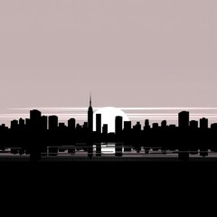 Obraz premium Dawn cityscape silhouette a vibrant skyline emerges against a colorful sky capturing the serene transition from night to day in an urban environment silhouetted skyline cityscape architecture illustra