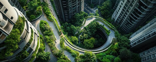 Aerial view City green walkway, high-rise buildings, lush foliage, sustainable design