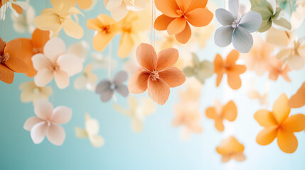 Fototapeta premium Pastel paper flowers on a soft blue background for decor inspiration
