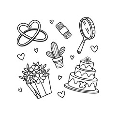 Valentine's Day Doodle Det, Wedding Rings and Heart-Shaped Cake
