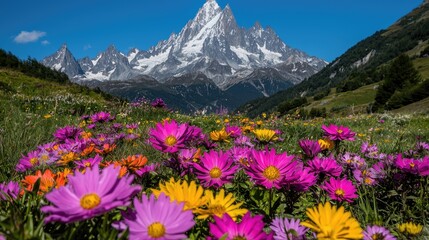 Obraz premium Mountain wildflowers in alpine meadow, majestic peak background