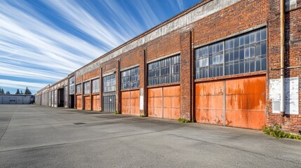 Obraz premium Brick warehouse, rusty doors, cloudscape, industrial area, property development