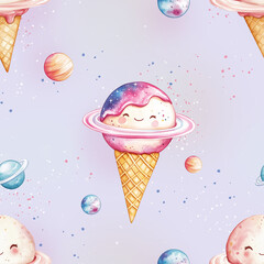 Seamless pattern with space ice cream in watercolor style.