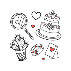 Valentine's Day Doodle Det, Wedding Rings and Heart-Shaped Cake
