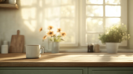 Morning sunlight illuminates a cozy kitchen with a steaming cup of coffee placed on a wooden countertop. Generative AI