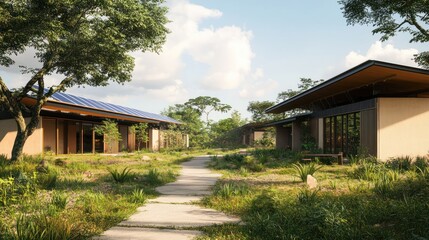 Eco-friendly village pathway, sunny savannah, sustainable homes, solar panels, architectural rendering