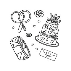 Valentine's Day Doodle Det, Wedding Rings and Heart-Shaped Cake
