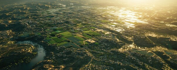 Aerial sunset view of farmland near city