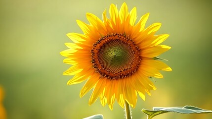 Fototapeta premium A close-up of a single sunflower with its bright yellow petals standing tall against a soft green background