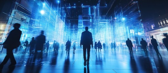 Silhouetted figures walk city street, futuristic digital overlay, night