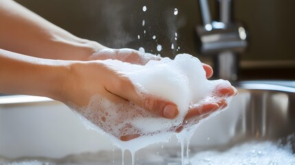 Fototapeta premium Close up of a woman s hands under running water diligently washing with soap as part of her daily hygiene and self care routine for health wellness and beauty The serene refreshing