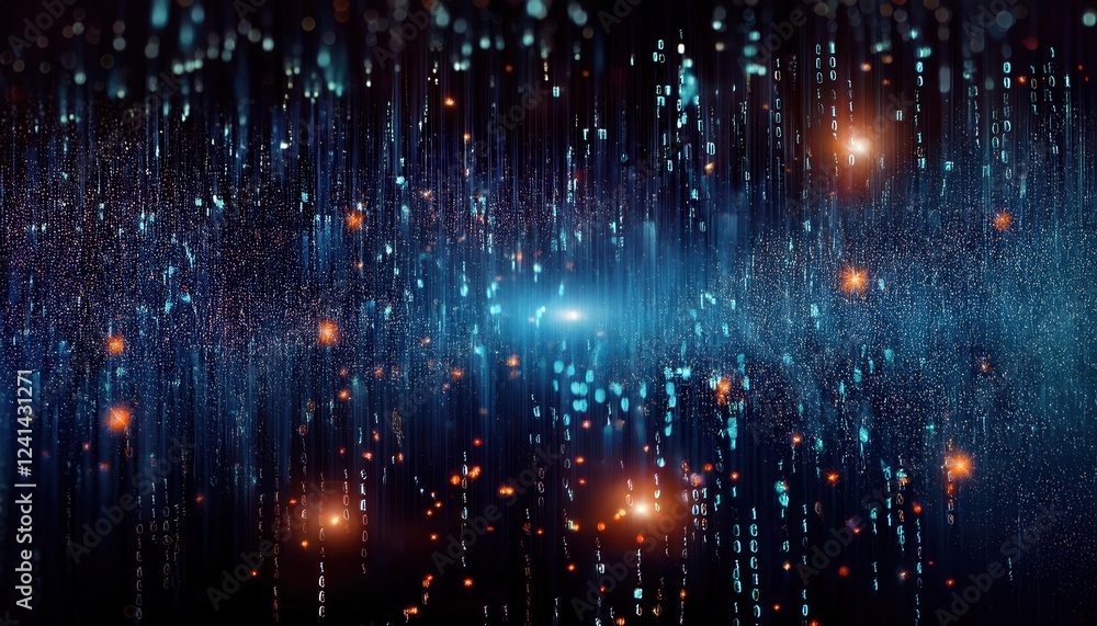 Poster abstract digital data stream with glowing particles, futuristic technology concept, vibrant glowing 