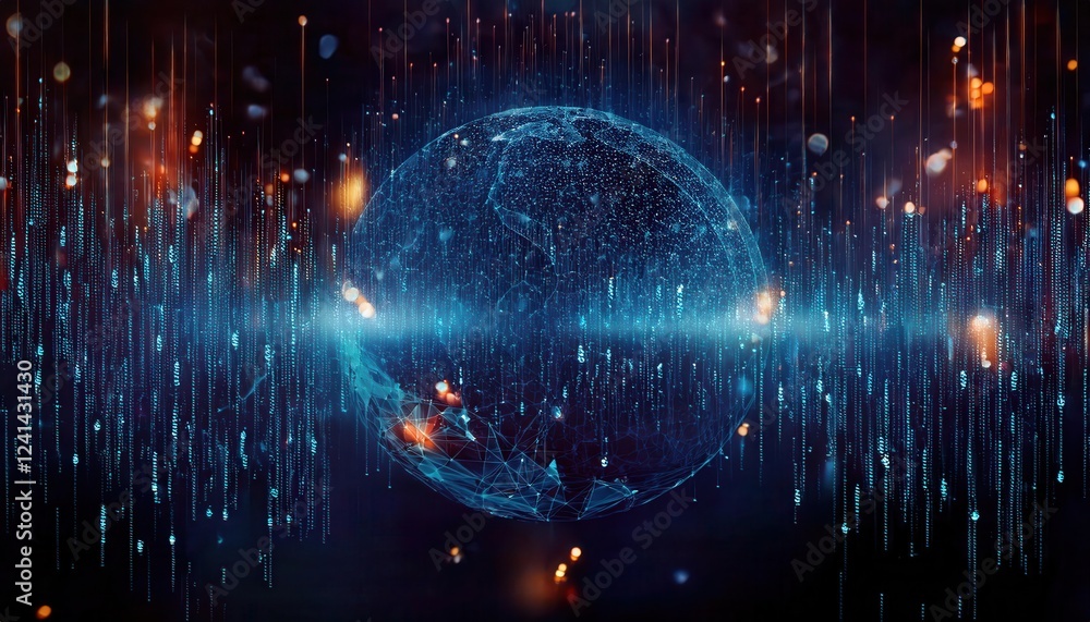 Poster abstract digital data stream with glowing particles, futuristic technology concept, vibrant glowing lines and points