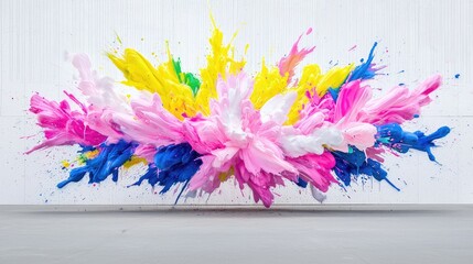 Colorful paint explosion against white wall; design element