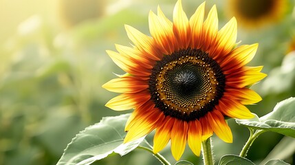 Fototapeta premium A close-up of a vibrant sunflower with its golden petals and dark center, surrounded by a soft green background