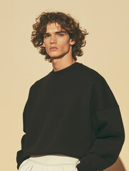 Male fashion concept. Portrait of a handsome american young male model wearing designer clothes and posing on beige background. Catalogue, campaign style. Studio shot