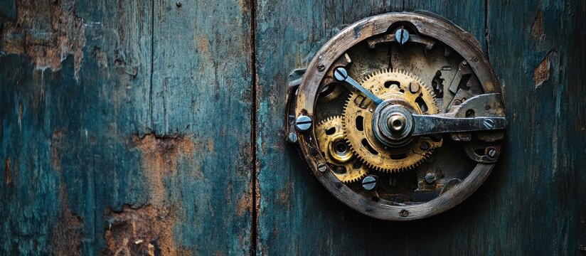 Antique clockwork mechanism on weathered wood; grunge background; design texture