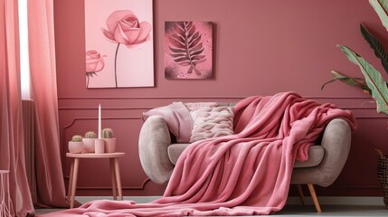 Chic Minimalist Living Room Decor in Dark Deep Pink with Rose Pink Throw Blanket, Baby Pink Wall Art, and Stylish Decor Accents