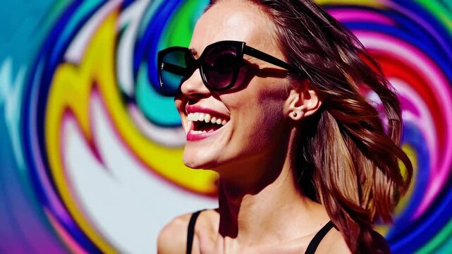 potrait of cheerful young woman laughing with sunglasses against colourful background