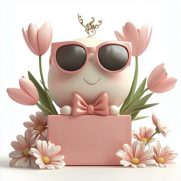 Cartoon round character with smiling face, wearing pink sunglasses and surrounded by spring flowers.