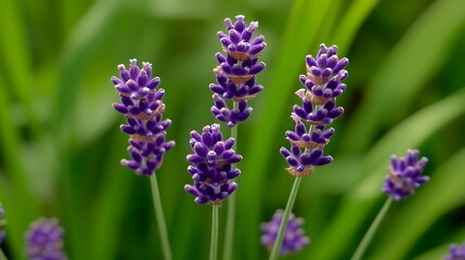 Obraz premium A close-up of lavender flowers in full bloom, with the soft purple hues contrasting against the lush green background