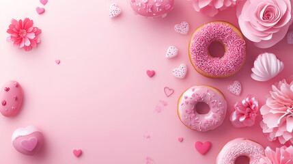 Sweet and Festive Valentine's Day Background with Heart Cookies, Donuts, and Meringues on a Soft Pink Surface with Copy Space, flat lay