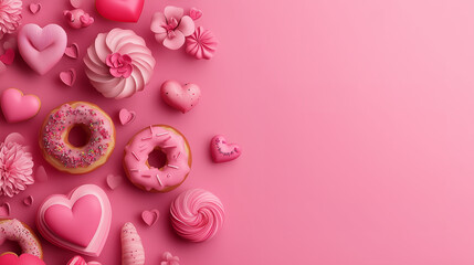 Valentine's Day Flat Lay Background Featuring Pink Desserts, Heart Decorations, Cookies, Donuts and Empty Copy Space for Text or Design, flat lay
