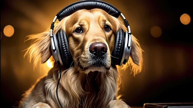 A golden retriever experiences music joyfully wearing headphones in a warm, glowing atmosphere