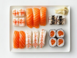 Elegant sushi presentation with fresh sashimi and delicate garnishes, symmetrical flat lay, and luxurious plating