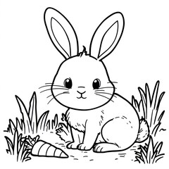 Cute rabbit sitting by a carrot in grassy landscape, joy of nature