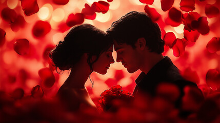 Heartwarming Valentine's Day Scene with a Couple's Silhouette Amid Red and Pink Rose Petals