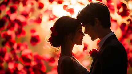 Love in the Air: Silhouette of Romantic Couple Surrounded by Beautiful Rose Petals for Valentine's Day