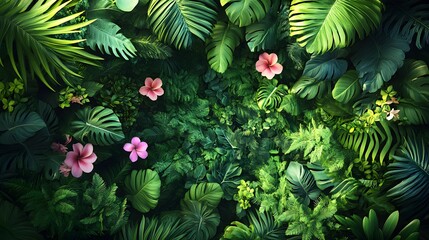 An Exquisite Overhead View of Flourishing Tropical Rainforest Complete with Diverse Flora and Charming Wildlife for Stunning Nature Illustrations