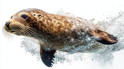 Fototapeta premium Playful Seal Swimming Underwater with Splashes and Bubbles
