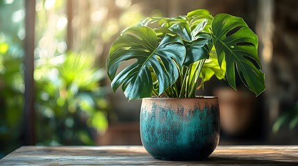 Exquisite Monstera Plant in a Handcrafted Terracotta Pot Captured with Macro Photography for a Lush Indoor Oasis Enhancing Modern Decor and Nature Appreciation