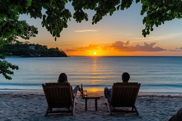 Fototapeta premium As the sun sets, casting a warm glow over the beach, two individuals unwind in lounge chairs, enjoying the summer warmth and gentle waves under a vibrant sky enhancing the evenings beauty