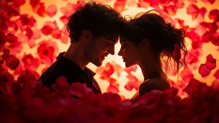 Passionate Valentine's Day Moment: A Couple's Silhouette Framed by Soft Glowing Roses
