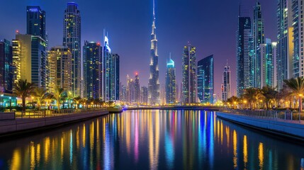 Naklejka premium Dubai skyline night cityscape reflection canal waterfront tourism