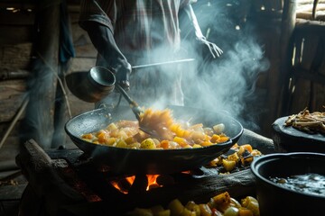 A warm kitchen moment: man cooking food by the stove. Selective focus.