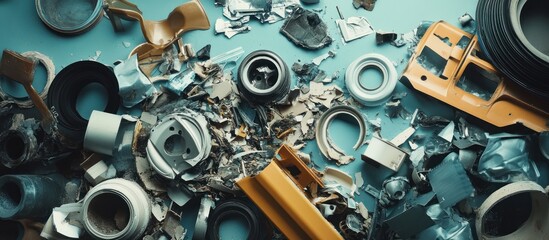 Broken plastic parts on blue background; recycling concept