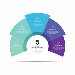 Business infographics. Chart with 5 steps, labels, options, circles. Vector infographic elements, circle chart infographic template