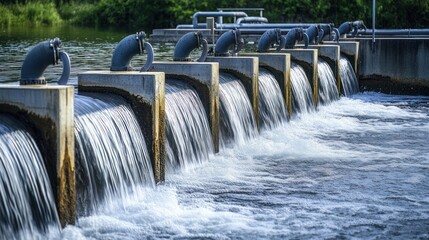 River water flowing through industrial dam spillway, nature background