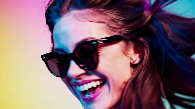 potrait of cheerful young woman laughing with sunglasses against colourful background