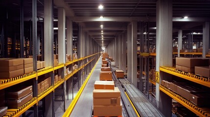 Obraz premium Automated warehouse conveyor system transporting packages